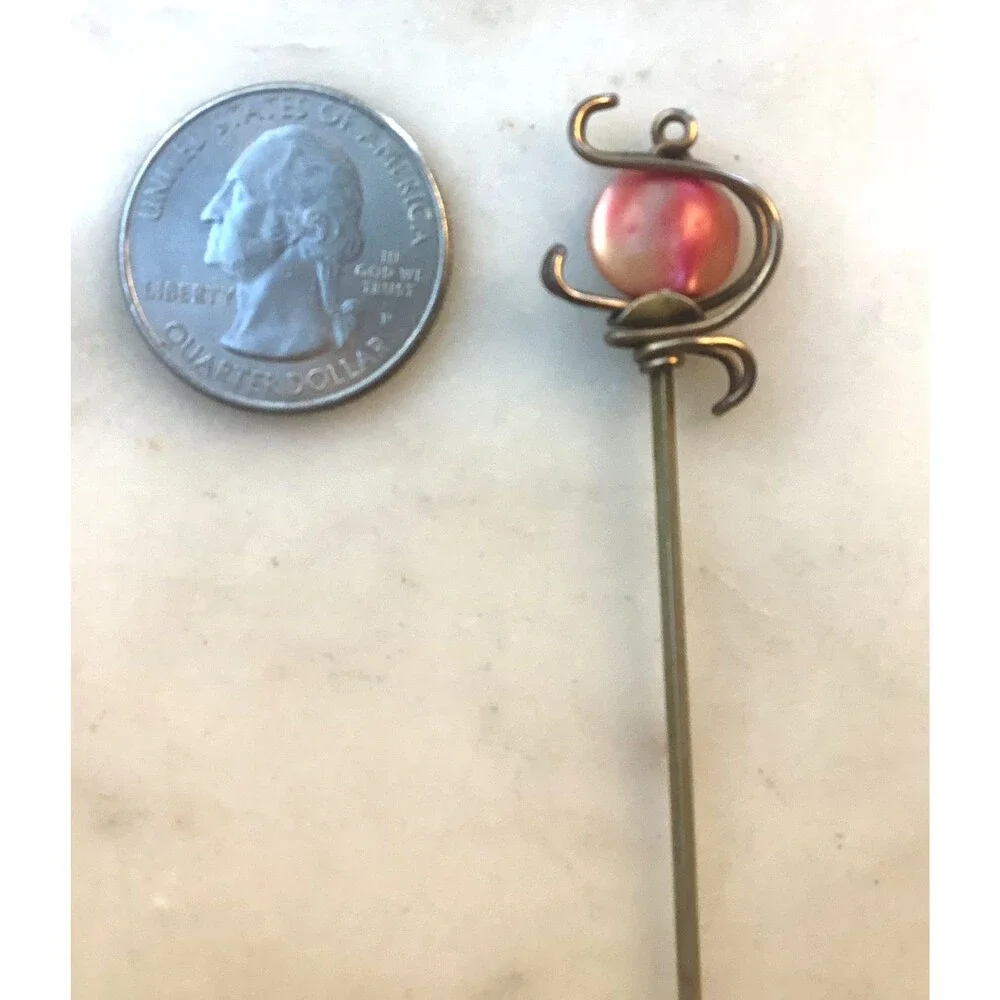 Antique Hat Pin Iridescent Pink Bead Gold Tone Stick Pin Twisted 7